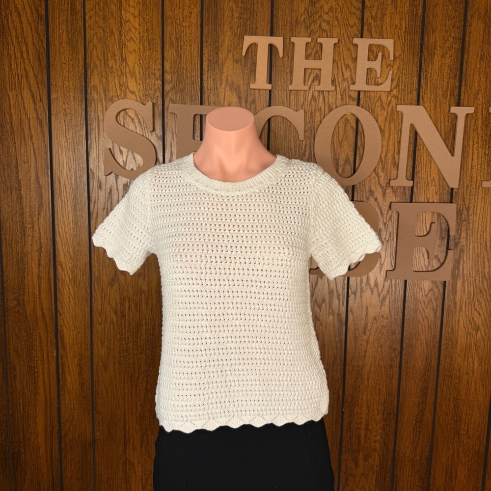 Gap Crochet Knit Sweater Women XS White Scalloped Hem Coastal Cottage Boho Top